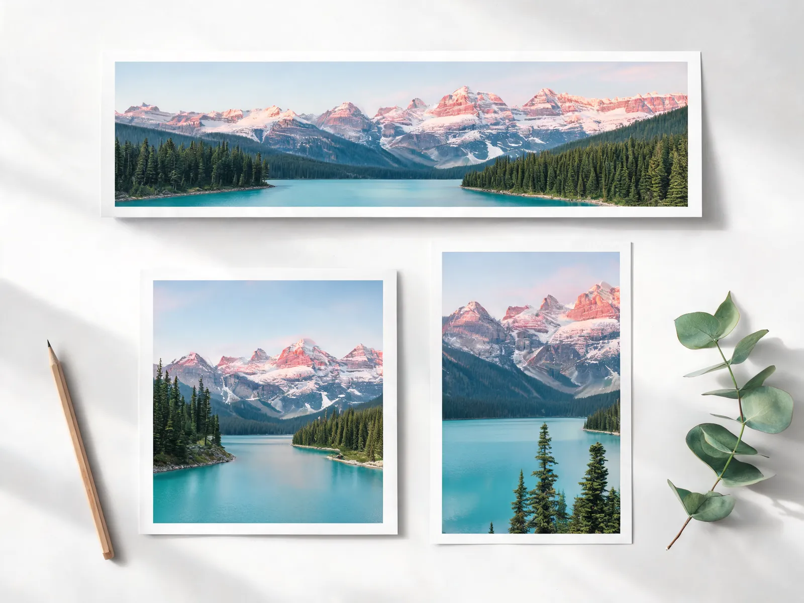 Three prints of the same mountain lake in panoramic, square and vertical formats, each composed for its own aspect ratio.
