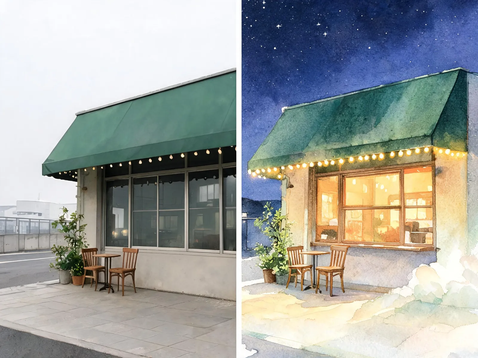 Before and after: an ordinary daytime photo of a corner cafe on the left, and the same cafe reimagined as a twilight watercolor illustration on the right.