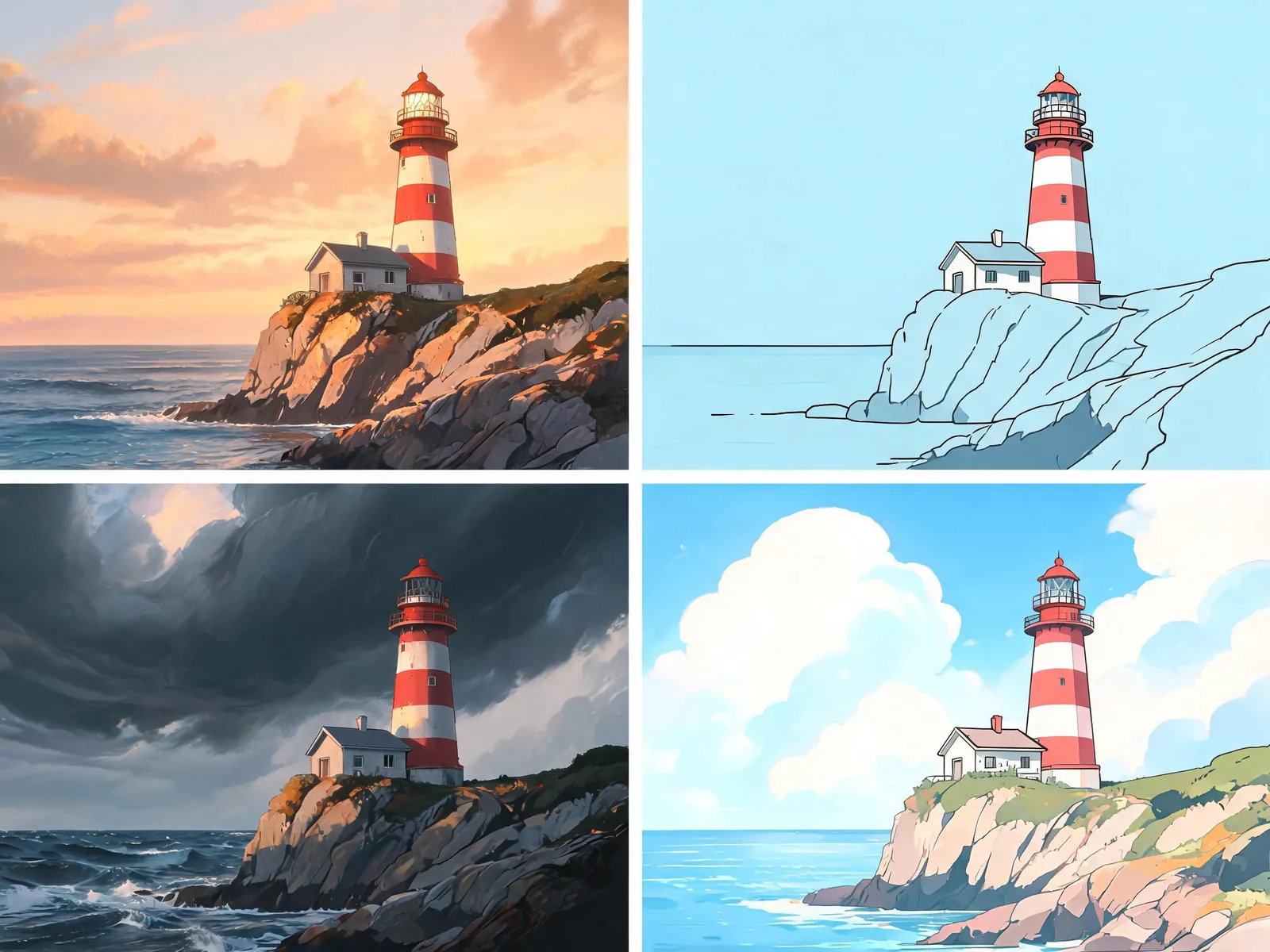 The same lighthouse scene rendered four ways — photorealistic, line illustration, stormy concept art and anime style — showing how different AI models change the result.