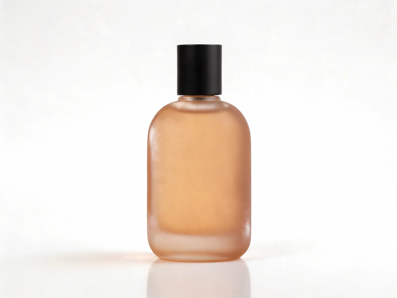 A photorealistic product shot of a frosted amber perfume bottle on a clean white background, generated from a text prompt with the AI photo generator.
