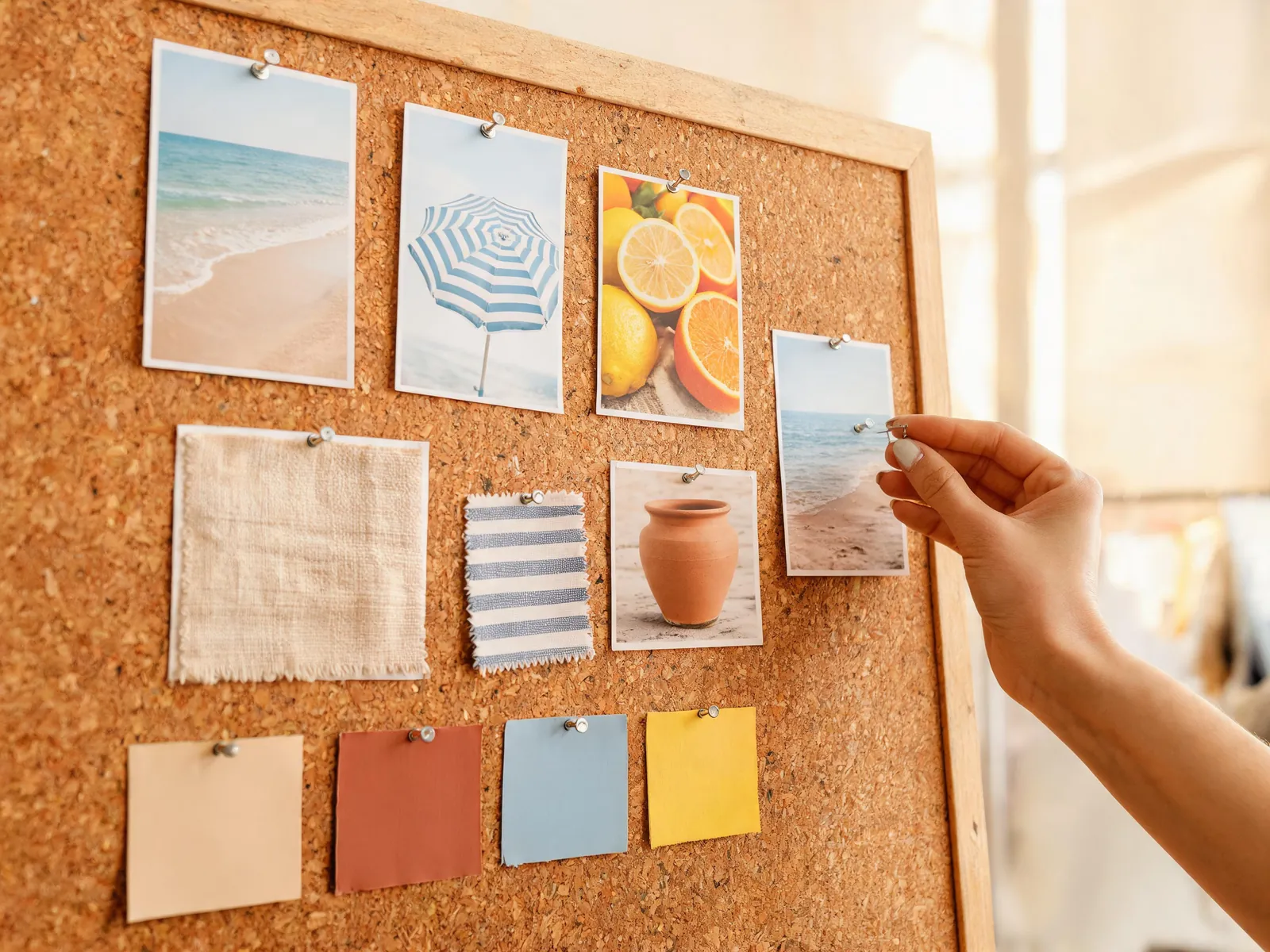 A designer pinning reference images, fabric samples and color swatches onto a cork mood board for a summer brand concept.