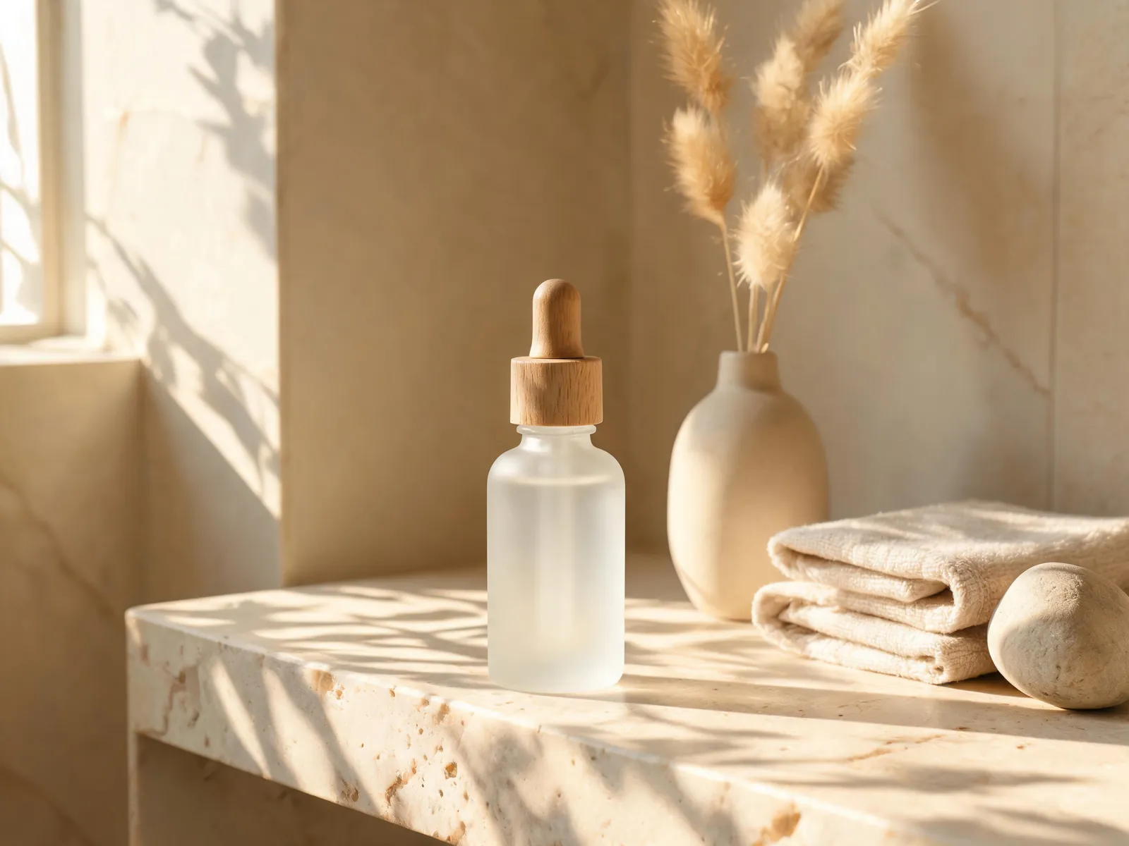 A lifestyle product photo of a frosted glass serum bottle on a stone bathroom shelf in warm morning light.