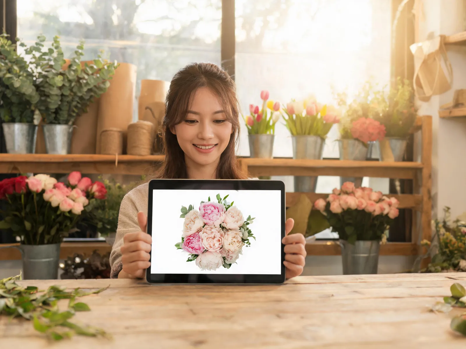 A flower shop owner holding up a tablet showing a peony bouquet product photo for her website.