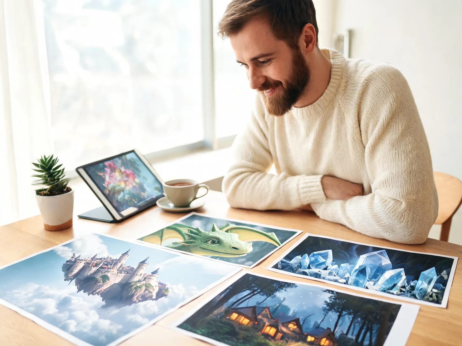 A hobbyist at a sunny table smiling over printed AI concept art of a floating castle, a dragon, a crystal cave and a forest village.