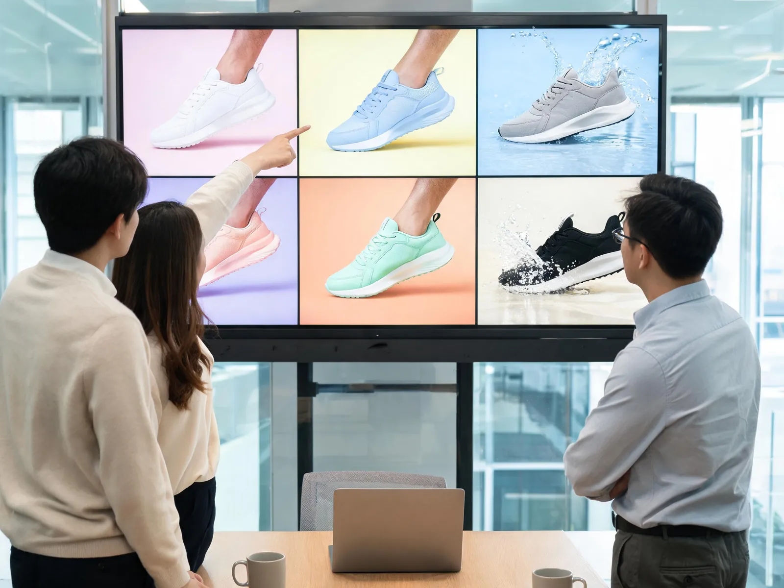 A marketing team reviewing a grid of colorful sneaker campaign visuals on a large meeting-room display.