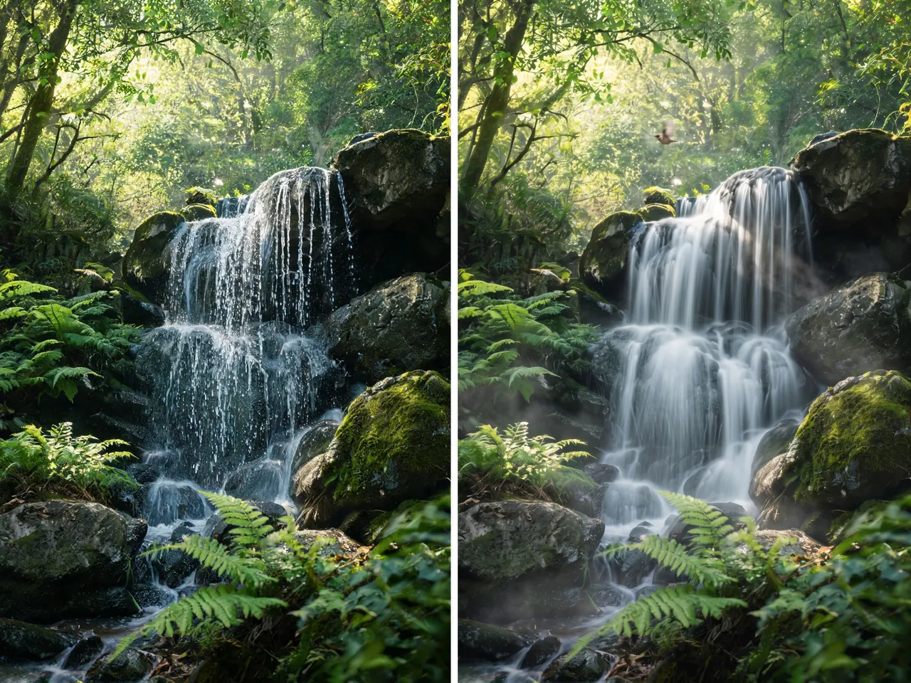 The same forest waterfall twice: a still photo on the left and the image-to-video result on the right, with flowing water, drifting mist and a bird in flight.