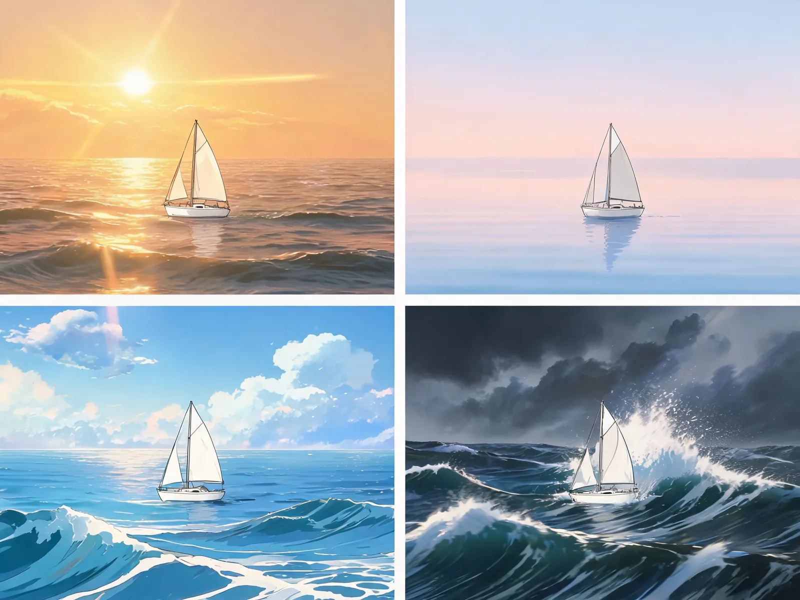 The same sailboat scene rendered in four video styles: cinematic golden hour, calm pastel morning, hand-painted anime and a stormy sea.