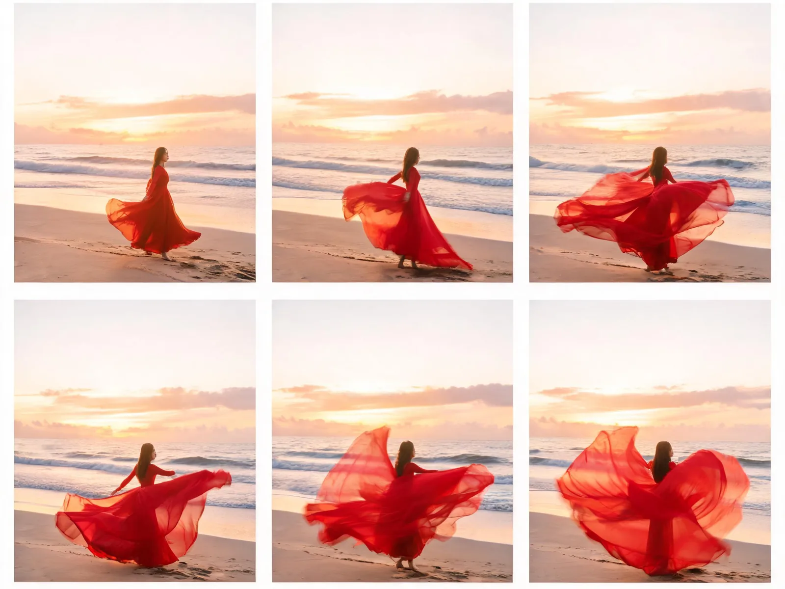 Six sequential frames from one generated clip of a dancer spinning in a flowing red dress on a beach at sunset.