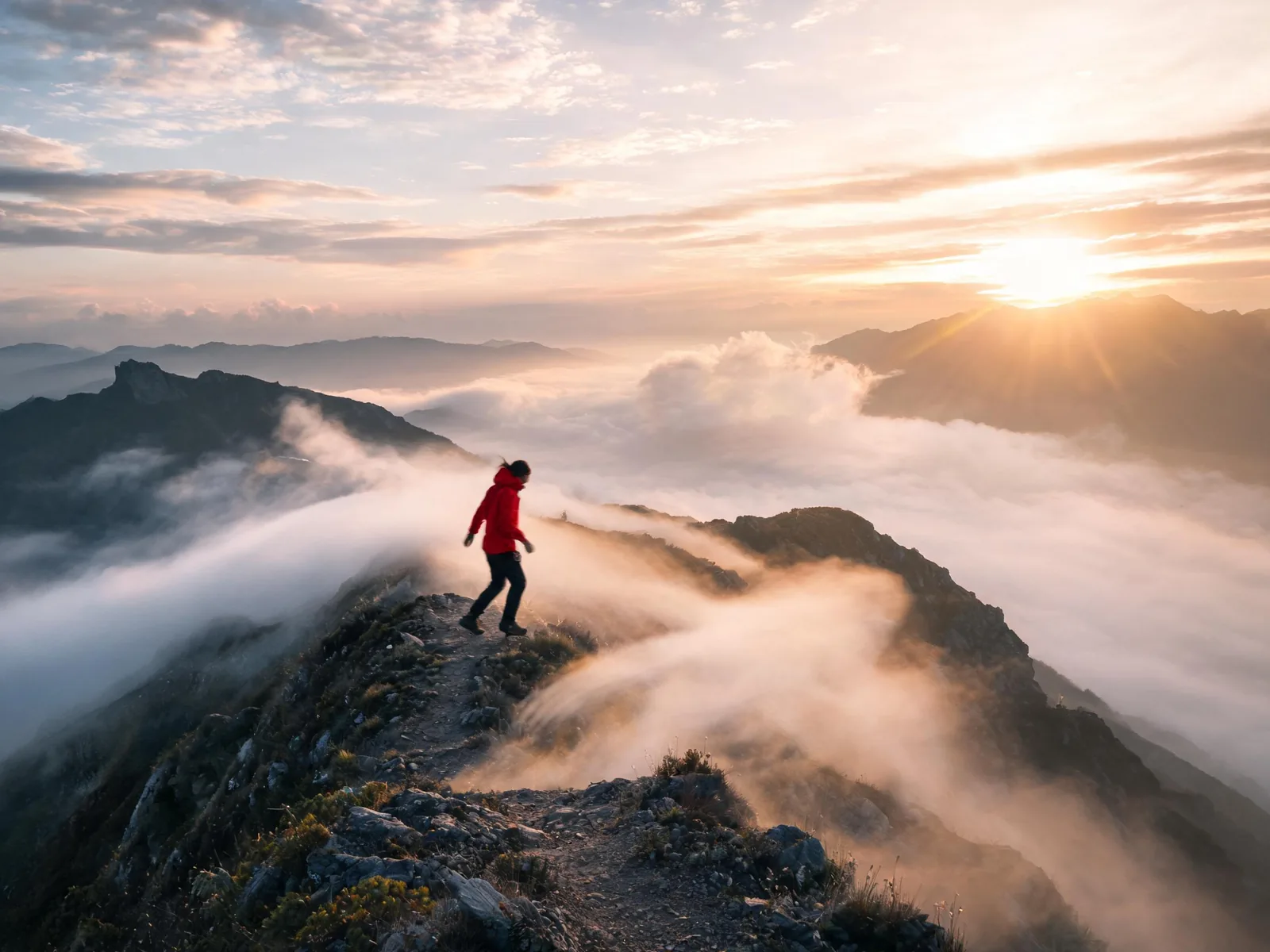 A frame from an AI-generated video: a hiker in a red jacket on a misty mountain ridge at sunrise, with fog blowing across the ridge.