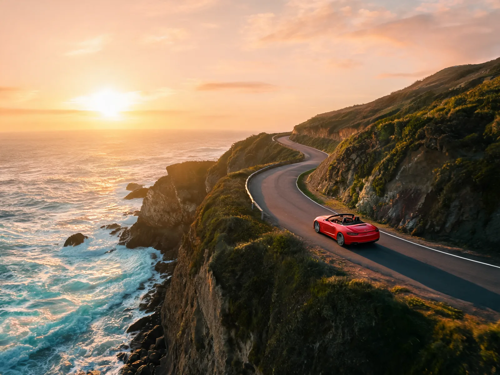 A previsualization frame for a client pitch: an aerial shot of a red convertible on a coastal cliff road at sunset.
