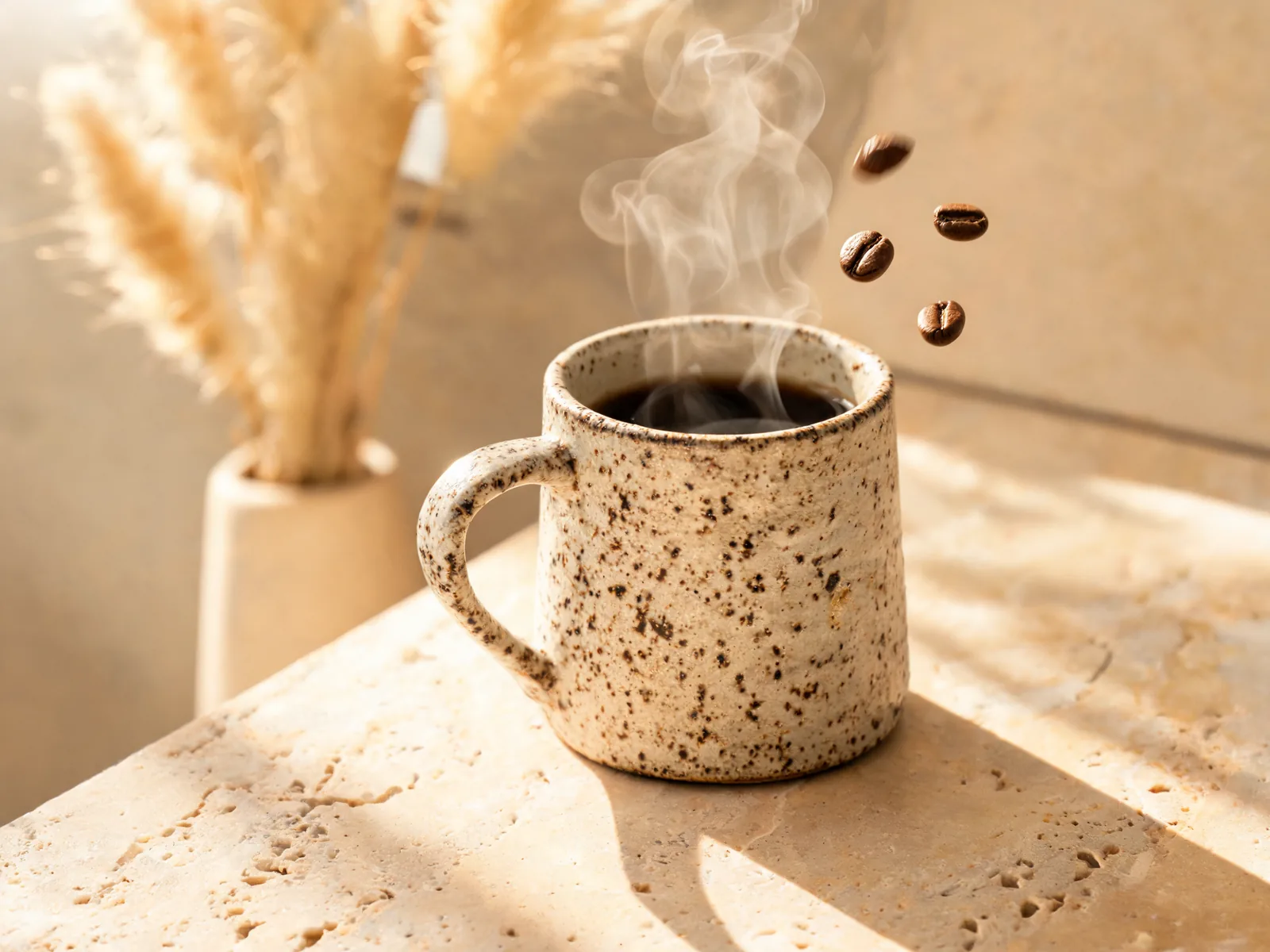 A product video frame of a speckled ceramic mug with rising steam and coffee beans tumbling through the air.