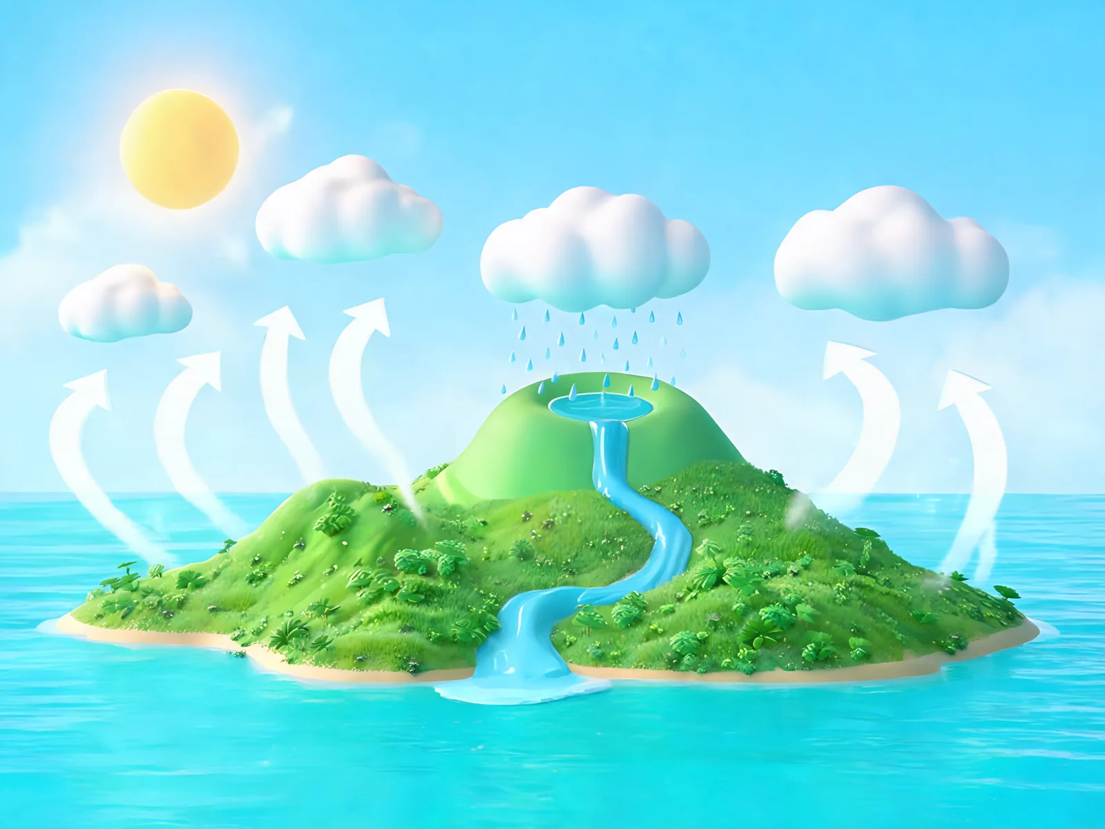 A frame from a 3D explainer video of the water cycle: the sun, rising vapour, rain clouds and a river flowing back to the sea.