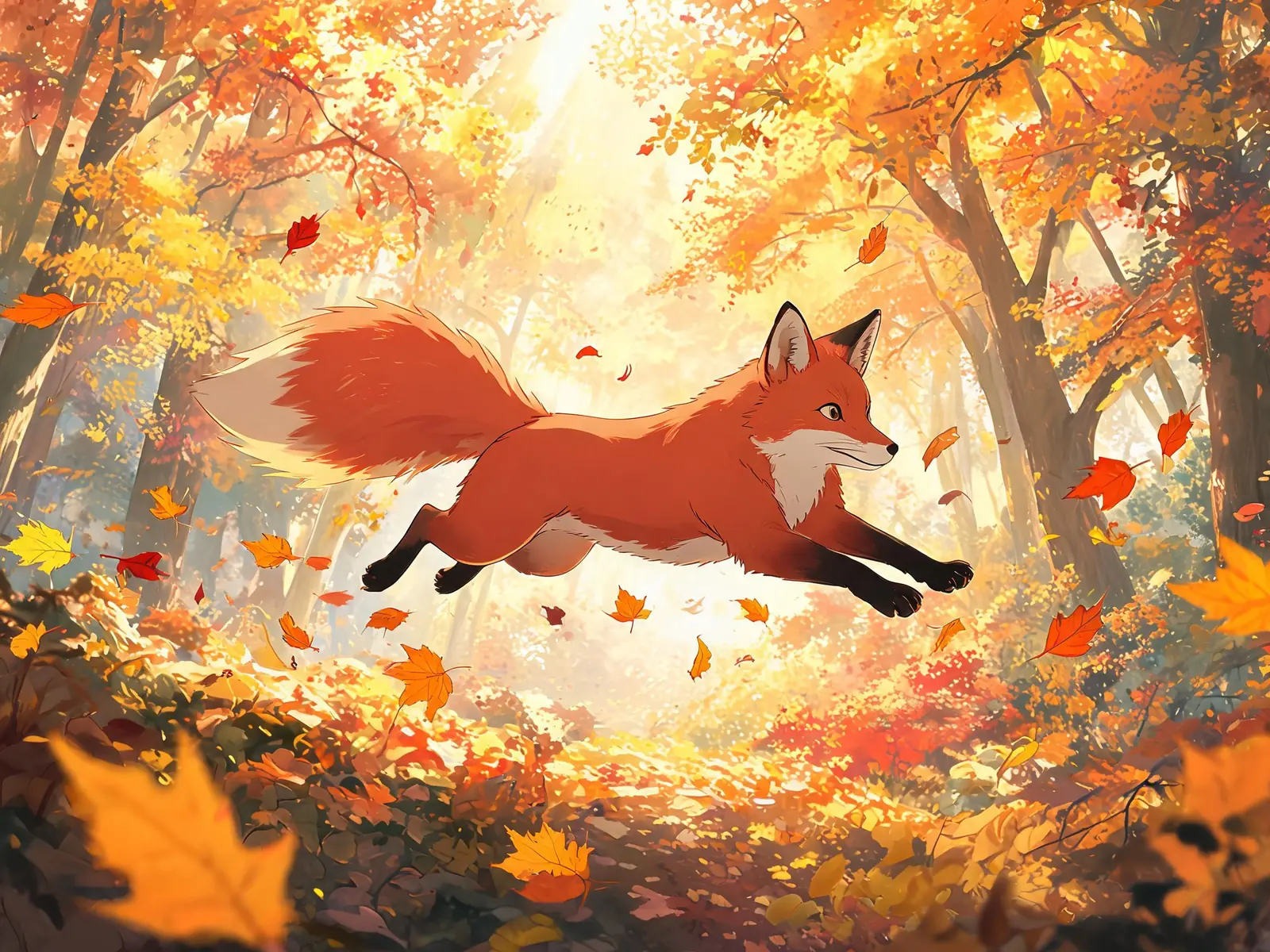 A frame from a hand-painted anime-style clip of a red fox leaping through an autumn forest full of swirling leaves.