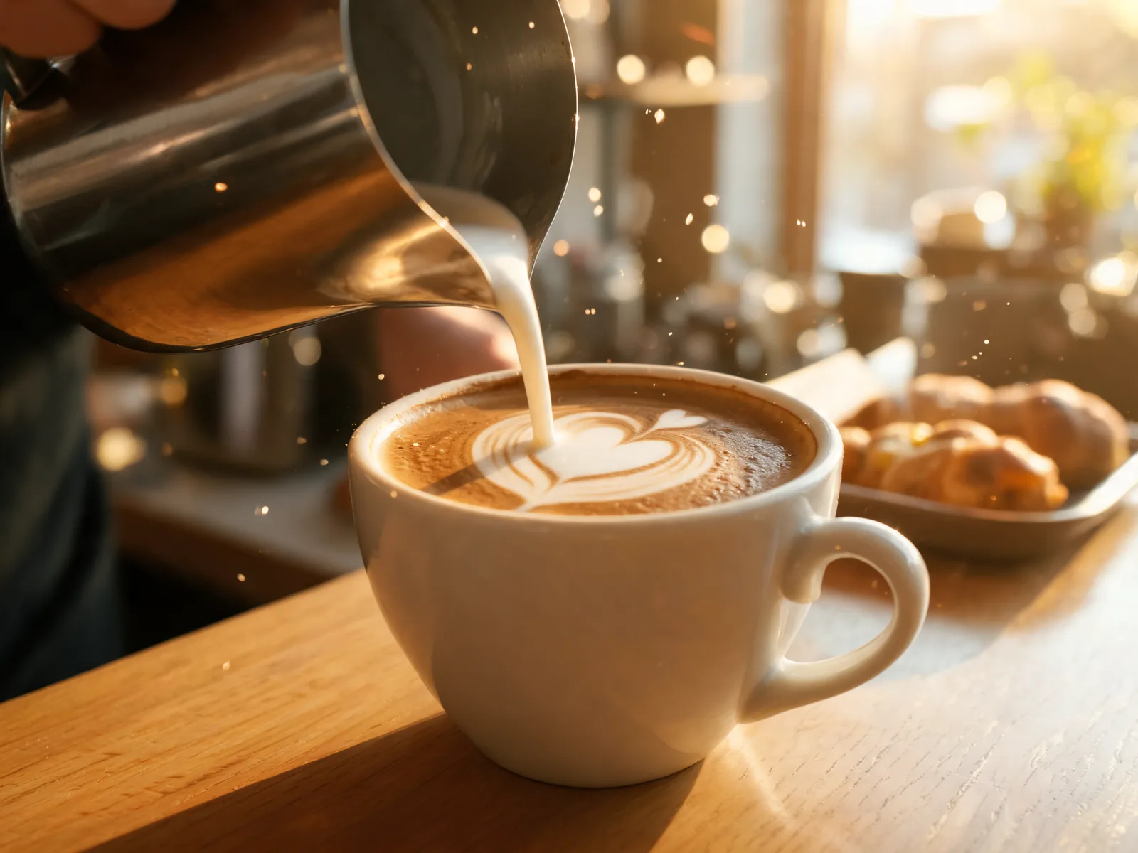 A slow-motion frame of milk being poured into a latte to form a heart, the kind of short clip made for Reels or TikTok.